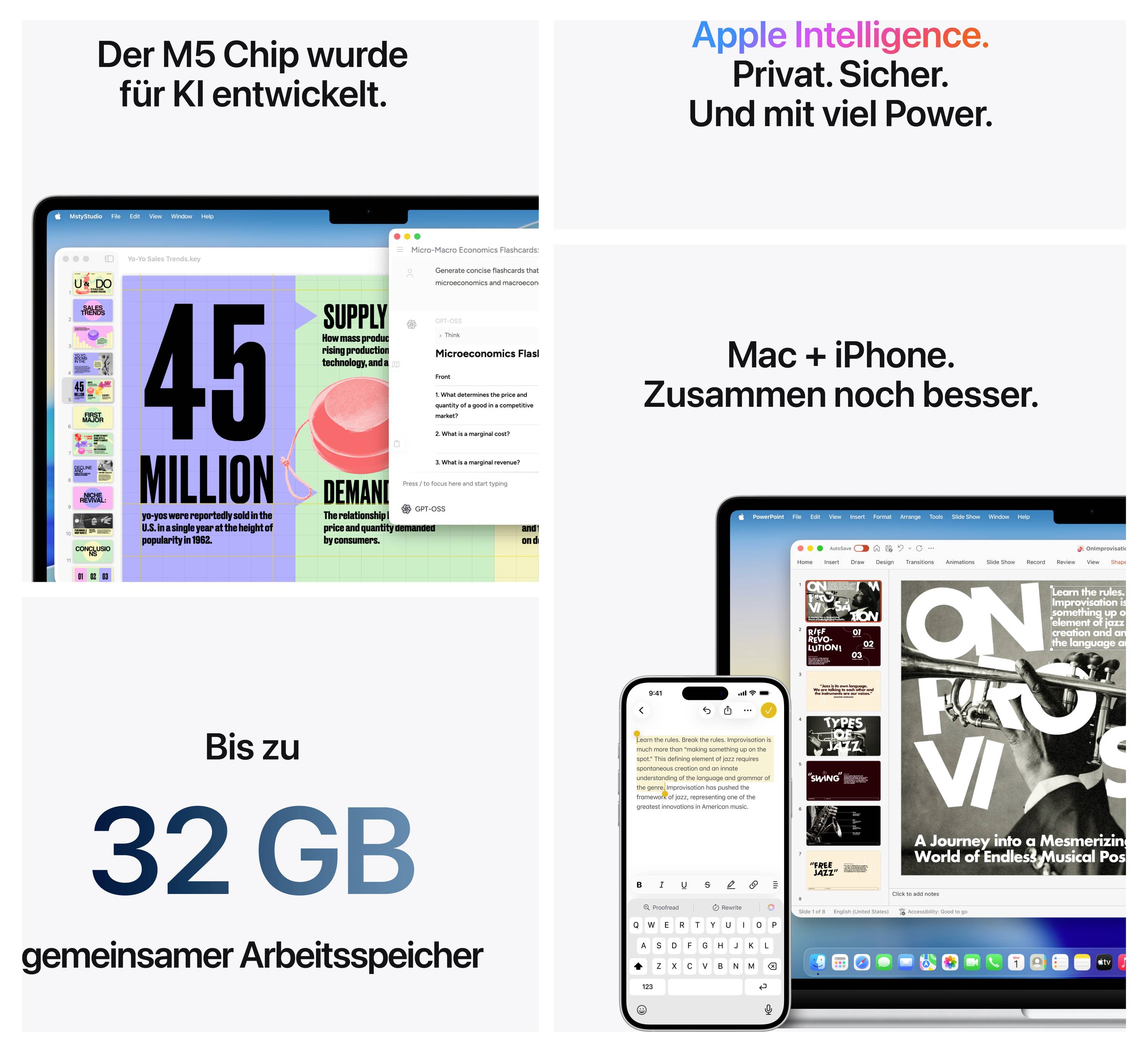 Ein Werbebild für Apple-Produkte mit Texten wie 'Der M5 Chip wurde für KI entwickelt', 'Bis zu 32 GB gemeinsamer Arbeitsspeicher'.