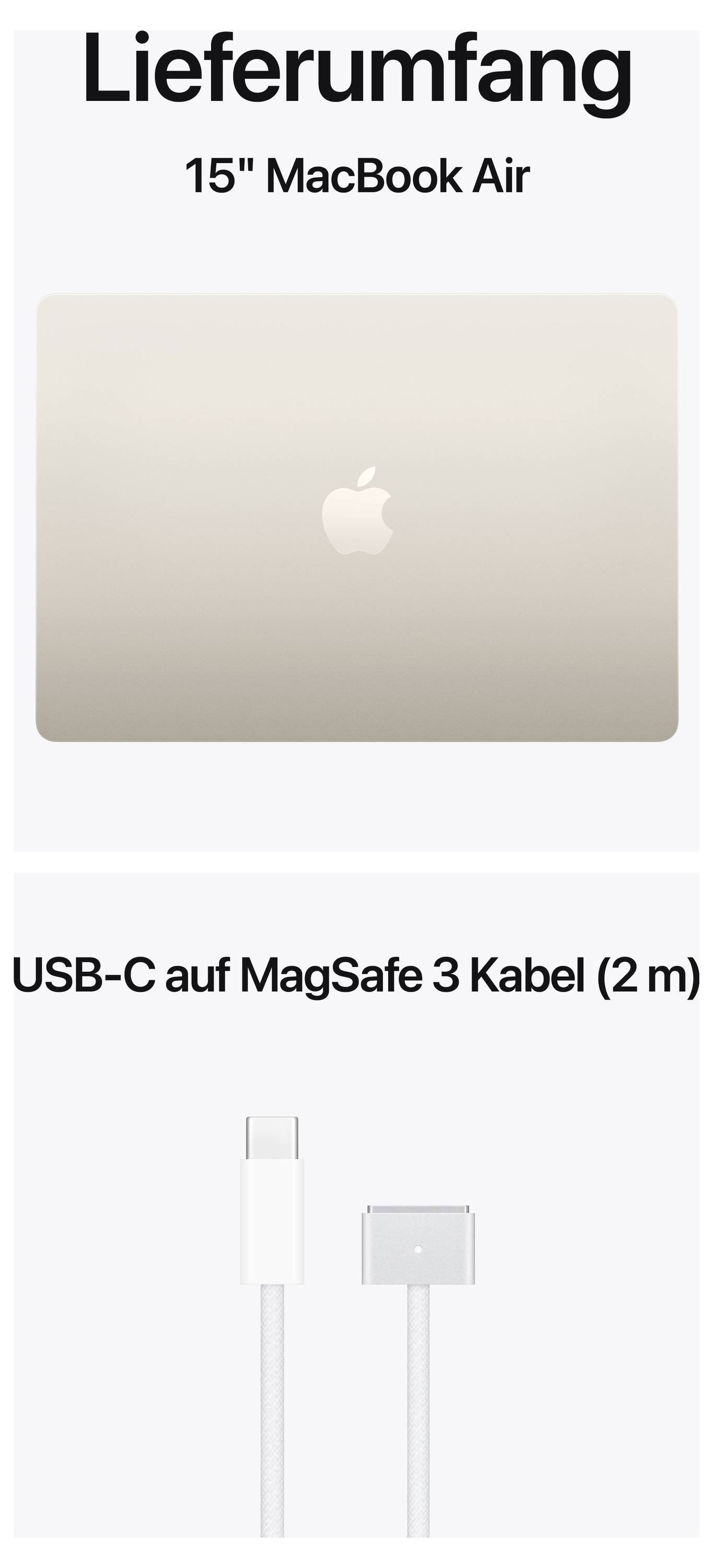 'Lieferumfang: 15" MacBook Air und USB-C auf MagSafe 3 Kabel (2 m).'