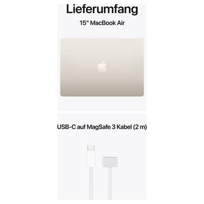 'Lieferumfang: 15" MacBook Air und USB-C auf MagSafe 3 Kabel (2 m)' zeigt ein MacBook Air und Ladekabel auf weißem Hintergrund.