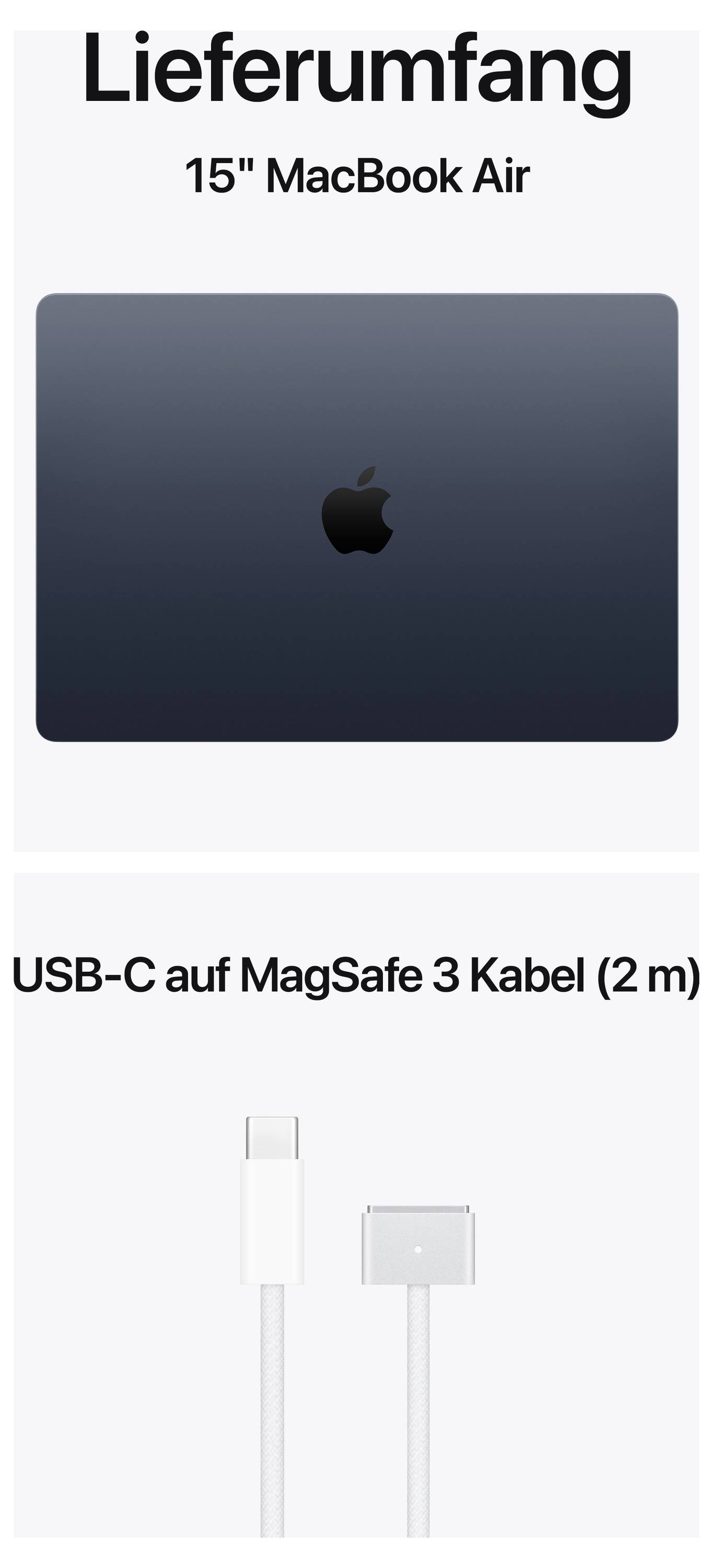 Ein MacBook Air 15" in der Farbe Mitternacht und ein USB-C auf MagSafe 3 Kabel (2 m) werden im Lieferumfang gezeigt.