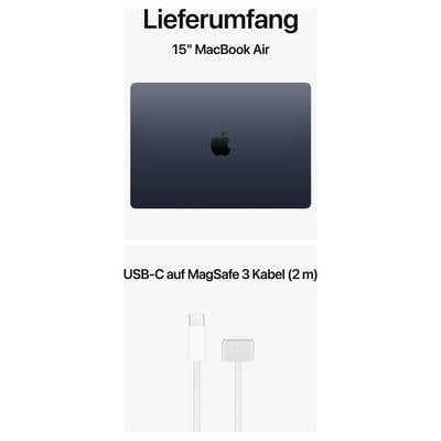 Ein MacBook Air 15" in der Farbe Mitternacht und ein USB-C auf MagSafe 3 Kabel (2 m) werden im Lieferumfang gezeigt.