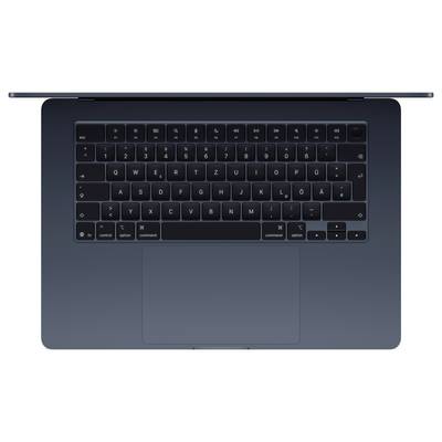 Draufsicht auf eine Laptop-Tastatur mit einer offenen, sichtbaren schwarzen Tastatur und einem großen Touchpad darunter.