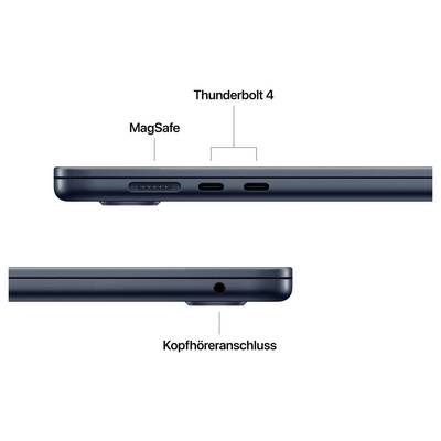 Das Bild zeigt die Seitenansicht eines Laptops mit Thunderbolt 4- und MagSafe-Anschlüssen oben und einem Kopfhöreranschluss unten.