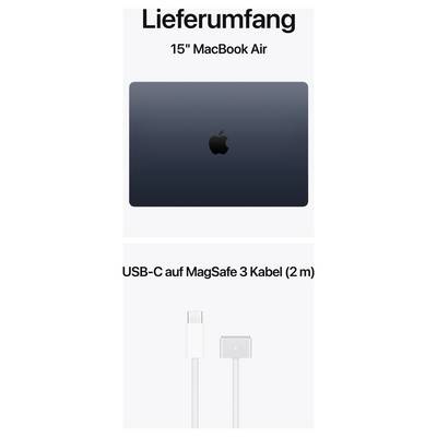 Lieferumfang: 15" MacBook Air in dunkler Farbe und ein 2 m langes USB-C auf MagSafe 3 Kabel.