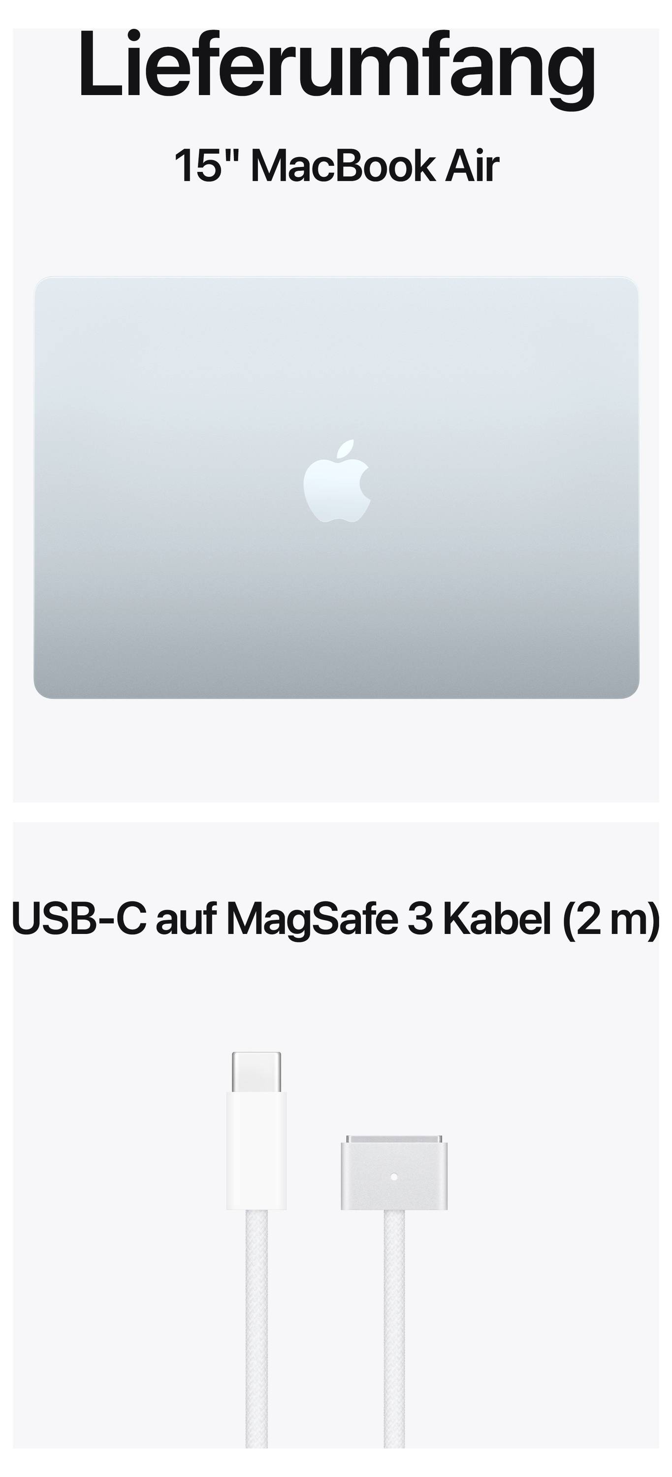 Lieferumfang eines 15" MacBook Air mit einem USB-C auf MagSafe 3 Kabel (2 m).