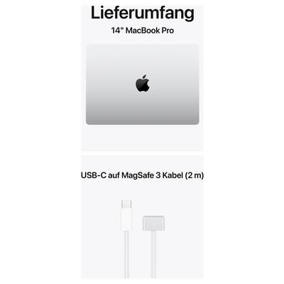 'Lieferumfang: 14" MacBook Pro' und 'USB-C auf MagSafe 3 Kabel (2 m)'. Produktabbildungen ohne Hintergrund.