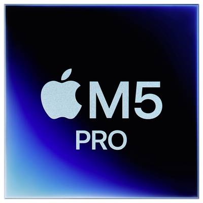 'Apple M5 Pro'-Logo auf schwarzem Hintergrund mit blauem Verlauf.