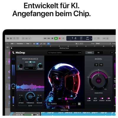 'Computerbildschirm zeigt Software-Oberfläche mit KI-Funktionen für Musikproduktion. Text: Entwickelt für KI. Angefangen beim Chip.'