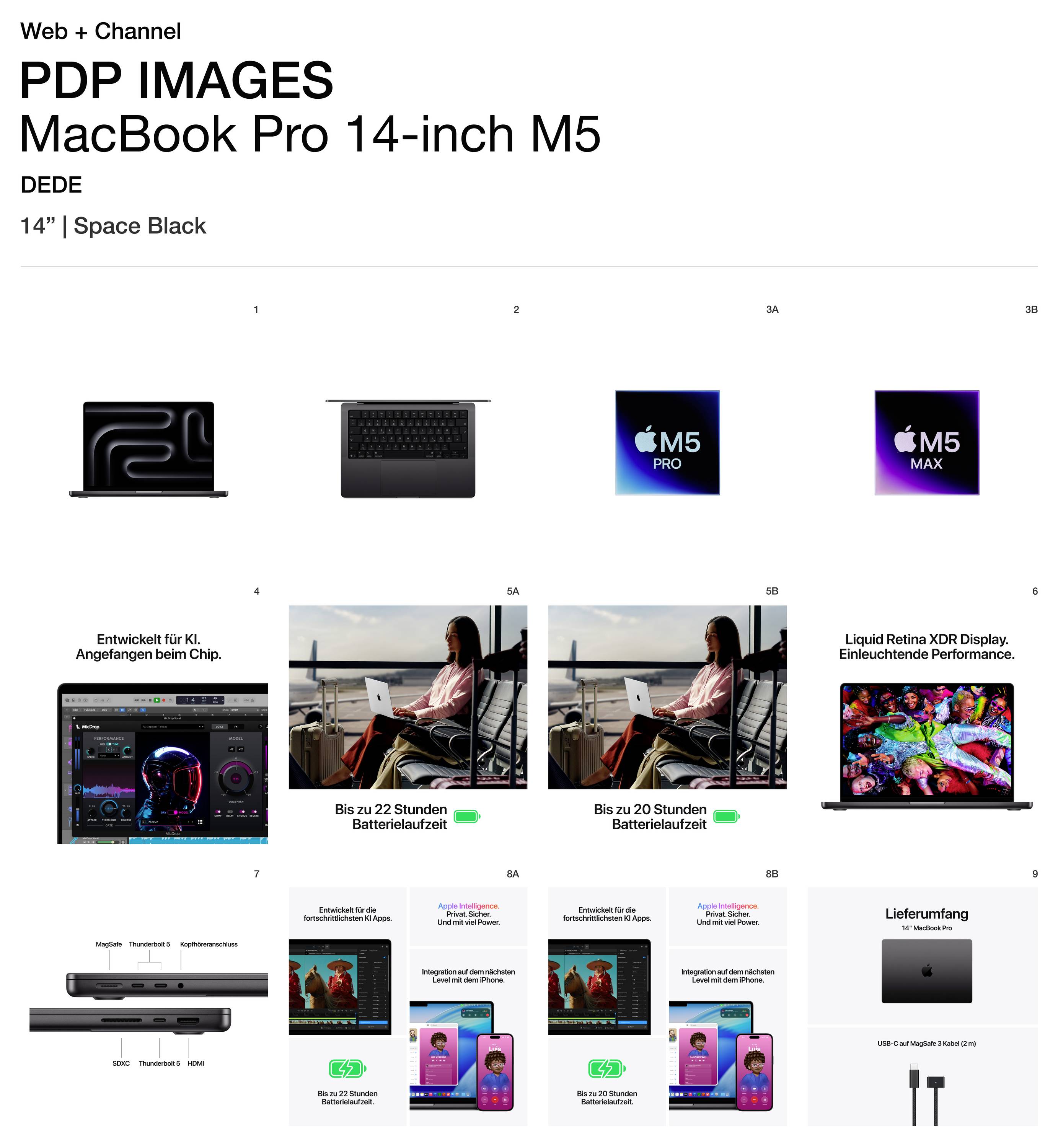 'Web + Channel PDP IMAGES MacBook Pro 14-inch M5' – Produktseite zeigt Laptop mit schwarzem Design, M5 Pro/Max Chips, lange Batterielaufzeit, Liquid Retina XDR Display, Zubehör und Lieferumfang.