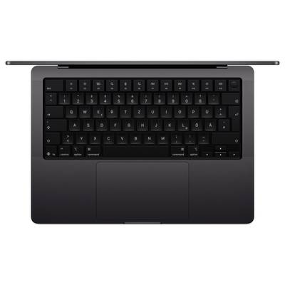 Eine Draufsicht auf einen geöffneten Laptop, der eine schwarze Tastatur und ein Trackpad zeigt, mit minimalem sichtbarem Bildschirm, vor weißem Hintergrund.