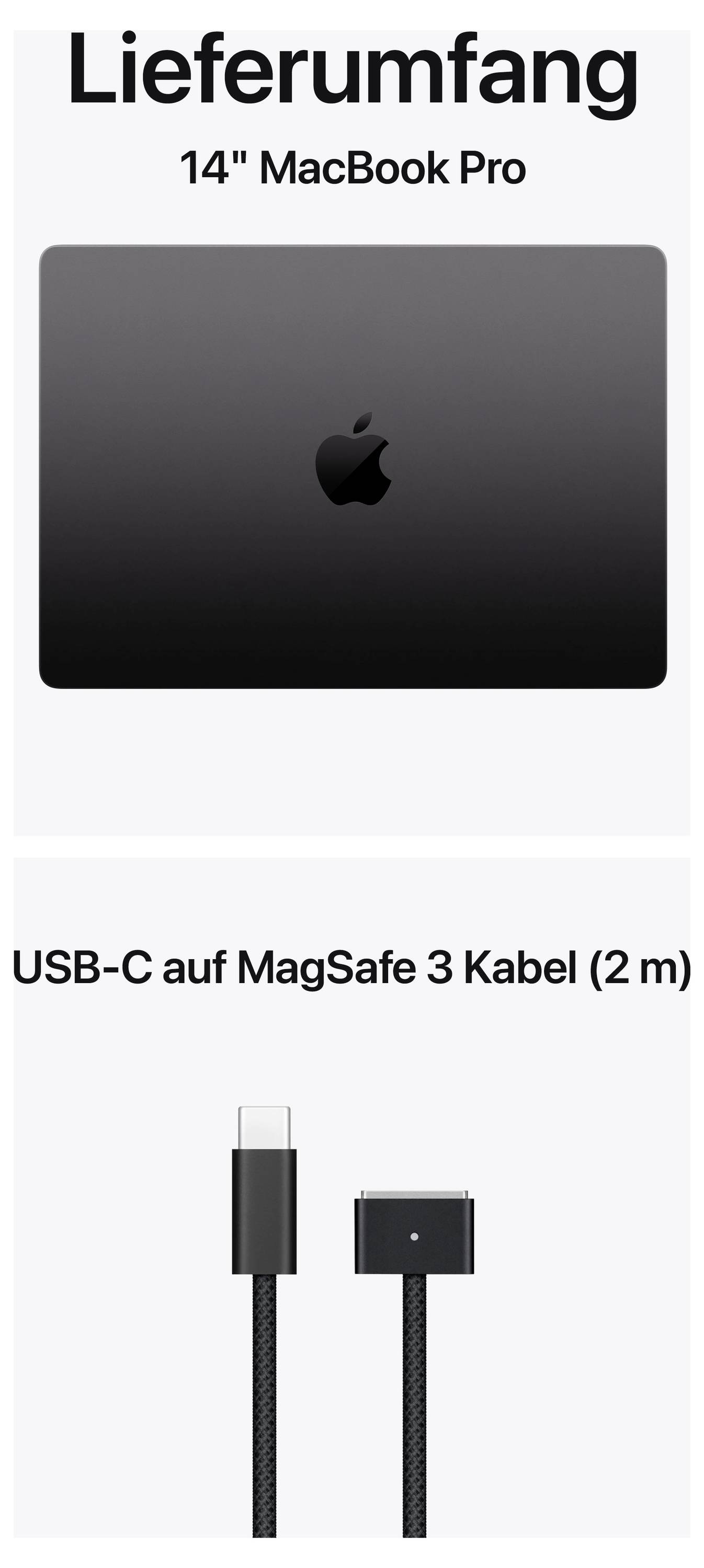 'Lieferumfang: 14" MacBook Pro' und 'USB-C auf MagSafe 3 Kabel (2 m)'. Darstellung des MacBook Pro mit Kabelabbildung.