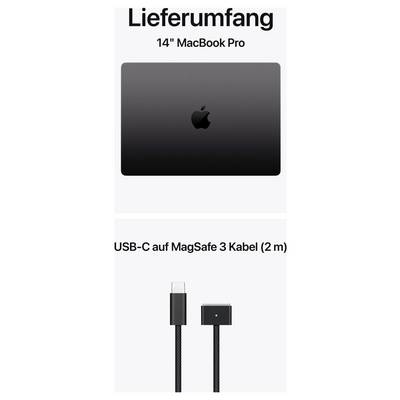 'Lieferumfang: 14" MacBook Pro' und 'USB-C auf MagSafe 3 Kabel (2 m)'. Darstellung des MacBook Pro mit Kabelabbildung.