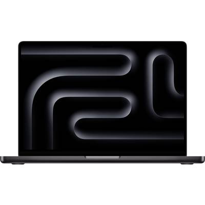 Ein Laptop mit schwarzem Bildschirm, auf dem abstrakte, geschwungene graue Linien ein modernes, minimalistisches Muster bilden.