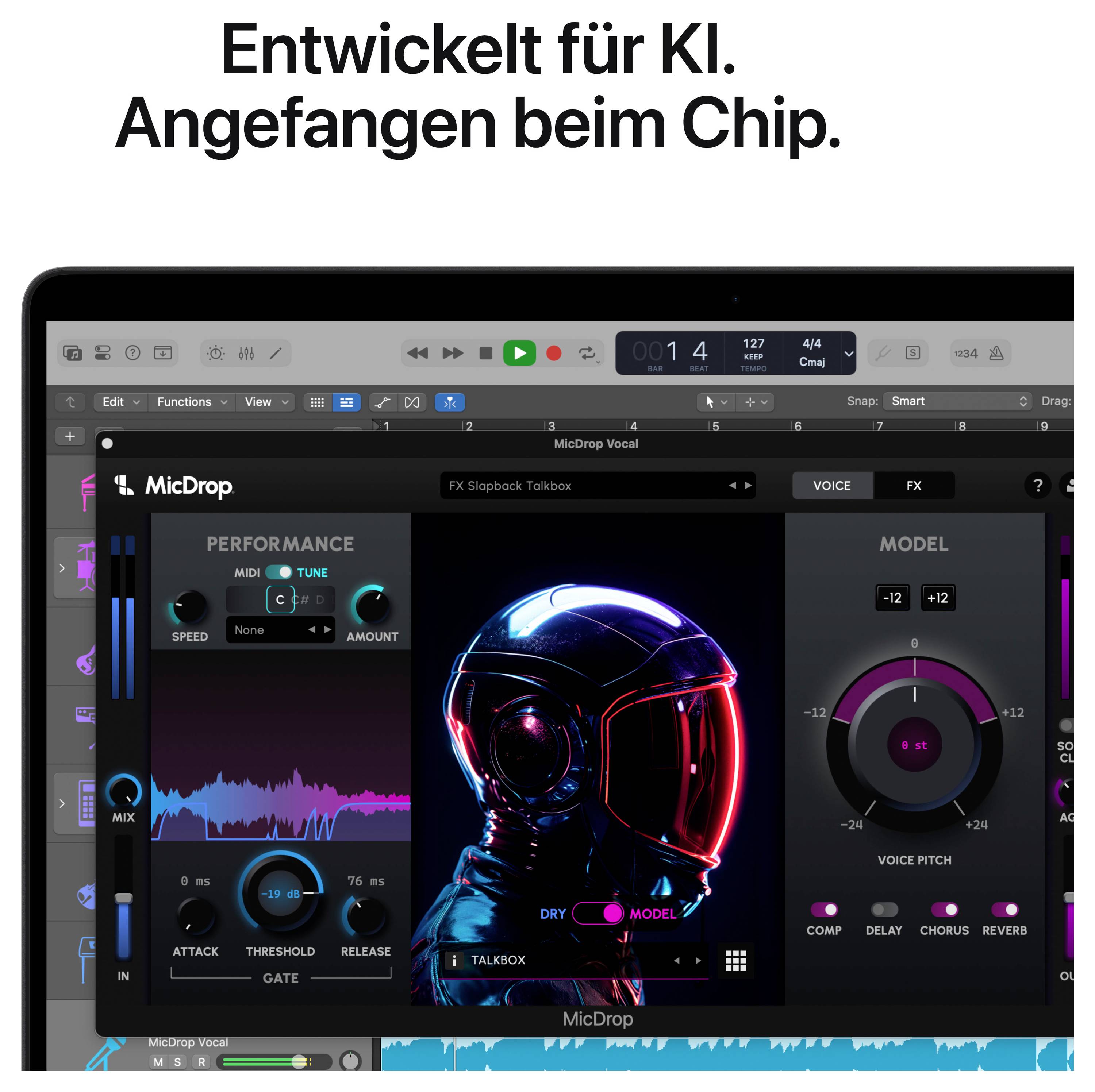 Laptopbildschirm mit geöffnetem Musikbearbeitungsprogramm. Text oben: 'Entwickelt für KI. Angefangen beim Chip.' Grafiken und Schieberegler sichtbar.