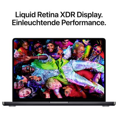 Eine Gruppe fröhlicher Menschen mit bunten Outfits posiert lebhaft auf dem Bildschirm eines Laptops mit Liquid Retina XDR Display.