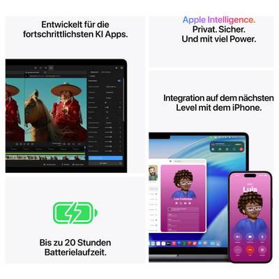 'Entwickelt für die fortschrittlichsten KI Apps. Apple Intelligence. Integration auf dem nächsten Level mit dem iPhone. Bis zu 20 Stunden Batterielaufzeit.'