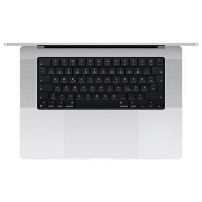 Eine Draufsicht eines silbernen Laptops mit schwarzer Tastatur und großem Trackpad, zeigt Tasten und Layout. Kein sichtbarer Text oder Logos.