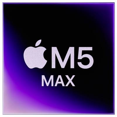 "Apple M5 Max" Text auf dunkelm, Farbverlauf-Hintergrund mit Apple Logo, was auf ein technologisches Produkt oder Chip-Modell hindeutet.