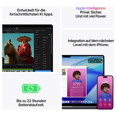 'Entwickelt für die fortschrittlichsten KI Apps. Apple Intelligence. Privat. Sicher. Und mit viel Power. Bis zu 22 Stunden Batterielaufzeit. Integration auf dem nächsten Level mit dem iPhone.'