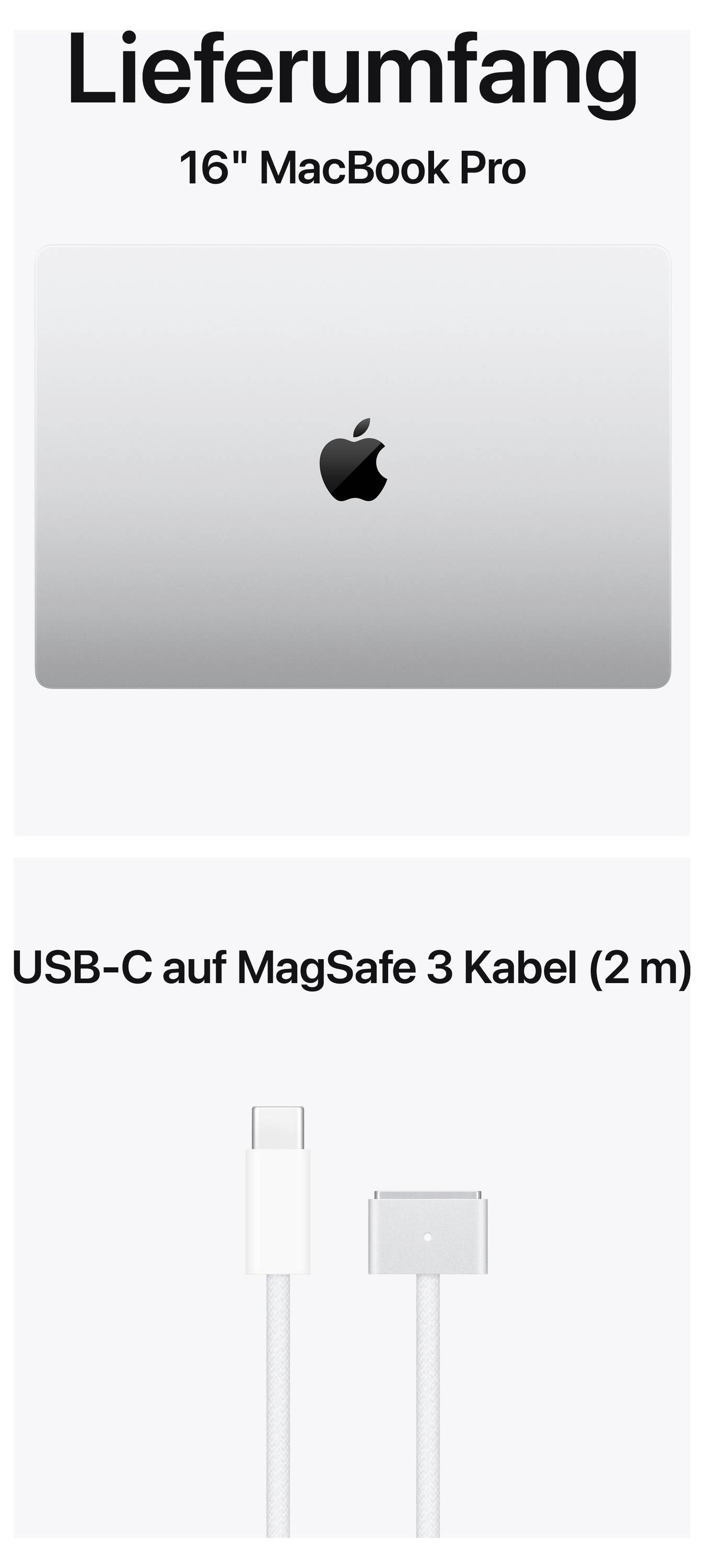 16" MacBook Pro in der Abbildung. Darunter ein USB-C auf MagSafe 3 Kabel (2 m Länge) gezeigt.