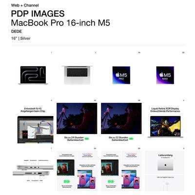 MacBook Pro 16-Zoll M5 in Silber. Bilder zeigen Design, Chip-Optionen, Display und Batterieinformationen. Beinhaltet Lieferumfang.