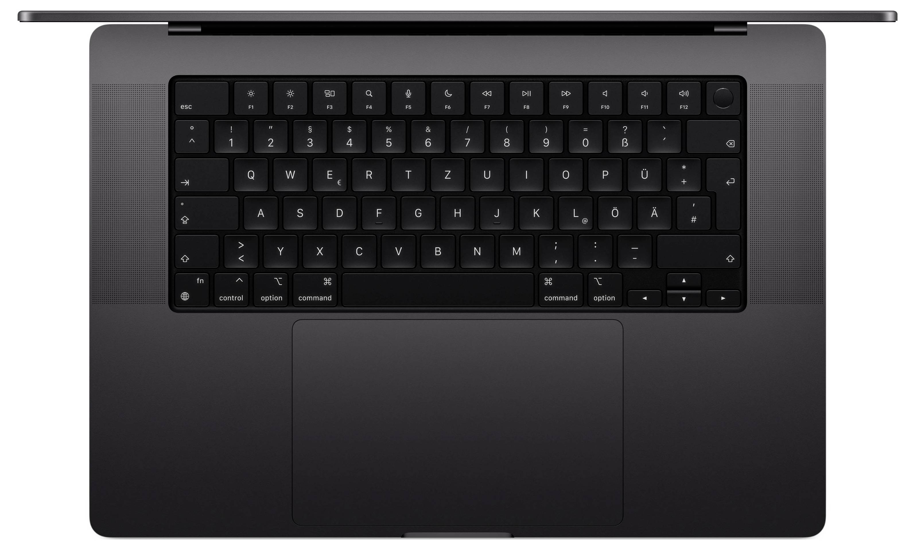 Ein Laptop von oben betrachtet, mit einer schwarzen Tastatur und einem großen Trackpad, entworfen für Produktivität und kreative Aufgaben.