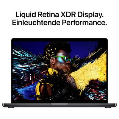 Ein Laptop mit einem lebendigen, farbenfrohen Display; Text darüber: 'Liquid Retina XDR Display. Einleuchtende Performance.'