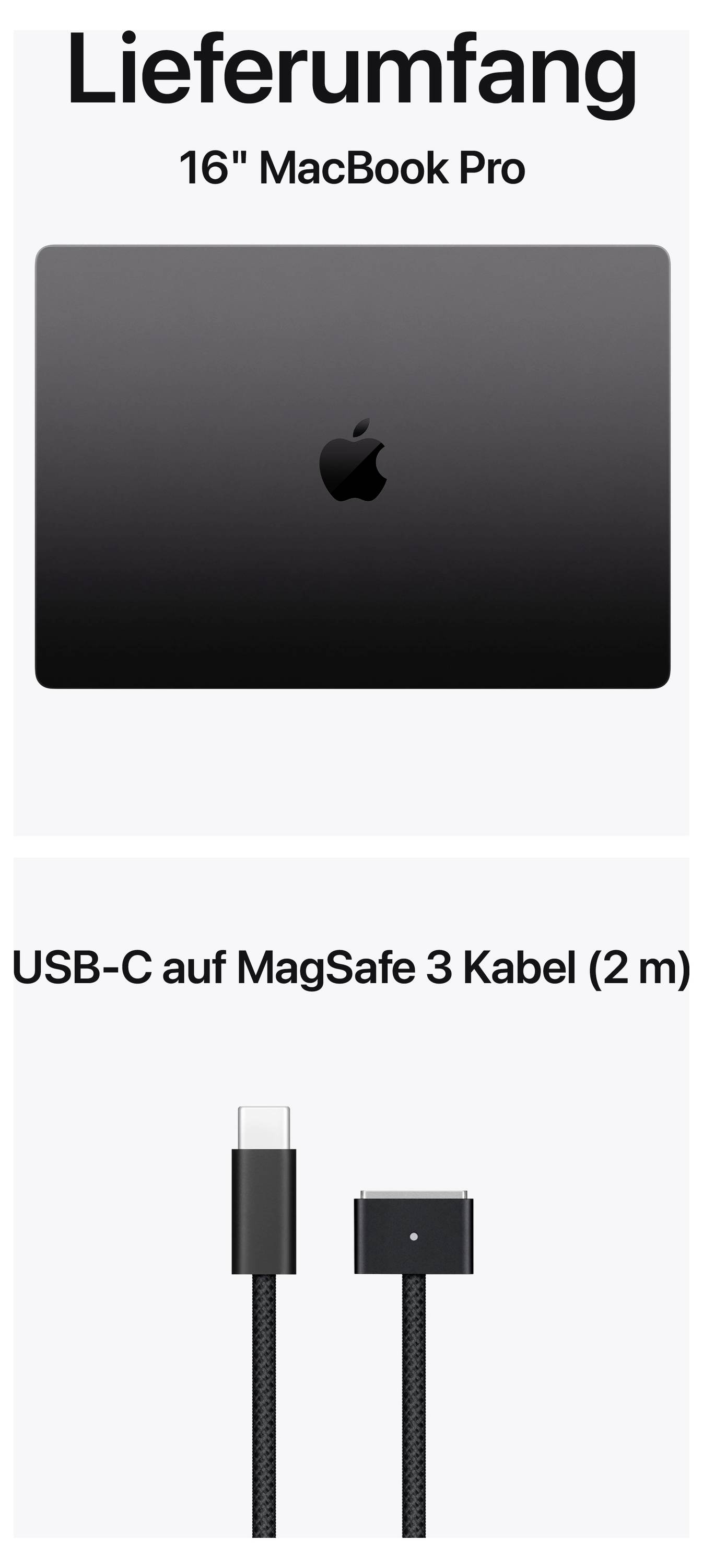 Lieferumfang eines 16" MacBook Pro: Abbildung des Laptops und eines 2 Meter langen USB-C auf MagSafe 3 Kabels.