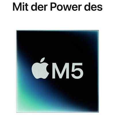 Mit der Kraft des Apple M5 über einem Apple M5-Logo auf einem dunklen Farbverlaufsquadrat, was eine Produktankündigung anzeigt.