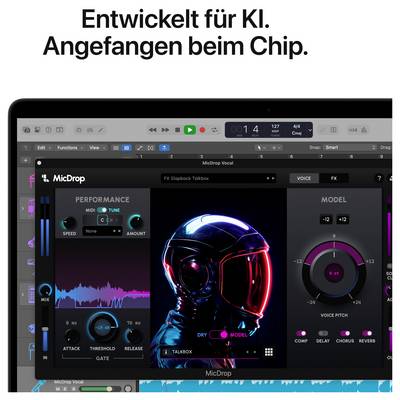 Werbeanzeige mit Laptop und Audio-Plugin 'MicroDrop'; Slogan oben: 'Entwickelt für KI. Anfangen beim Chip.'<br>