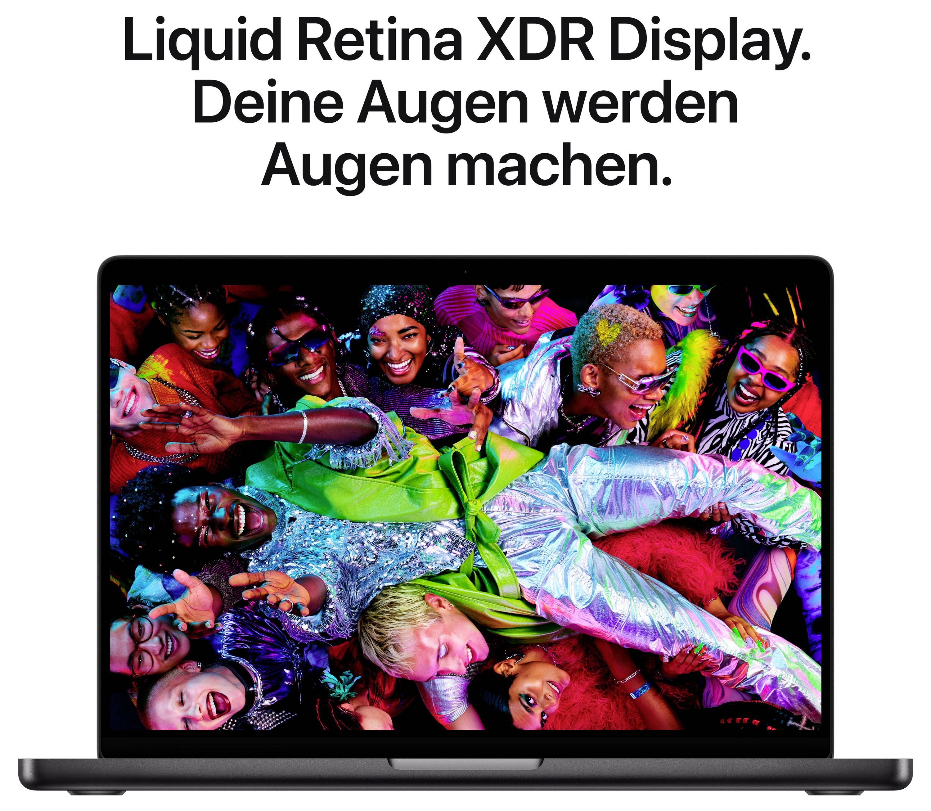 Werbegrafik eines MacBook Pro mit farbenfrohem Gruppenfoto auf dem Display; darüber der Text 'Liquid Retina XDR Display. Deine Augen werden Augen machen.'