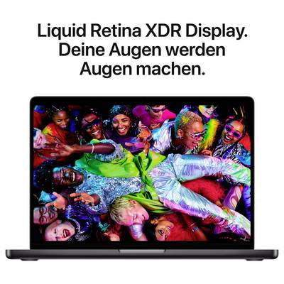 Werbegrafik eines MacBook Pro mit farbenfrohem Gruppenfoto auf dem Display; darüber der Text 'Liquid Retina XDR Display. Deine Augen werden Augen machen.'