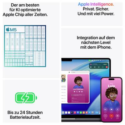 Werbeanzeige für Apple Intelligence und M5-Chip: links M5-Chipgrafik, unten Akku-Symbol mit 'Bis zu 24 Stunden Batterielaufzeit', rechts iPhone und Mac mit 'Integration auf dem nächsten Level mit dem iPhone'.
