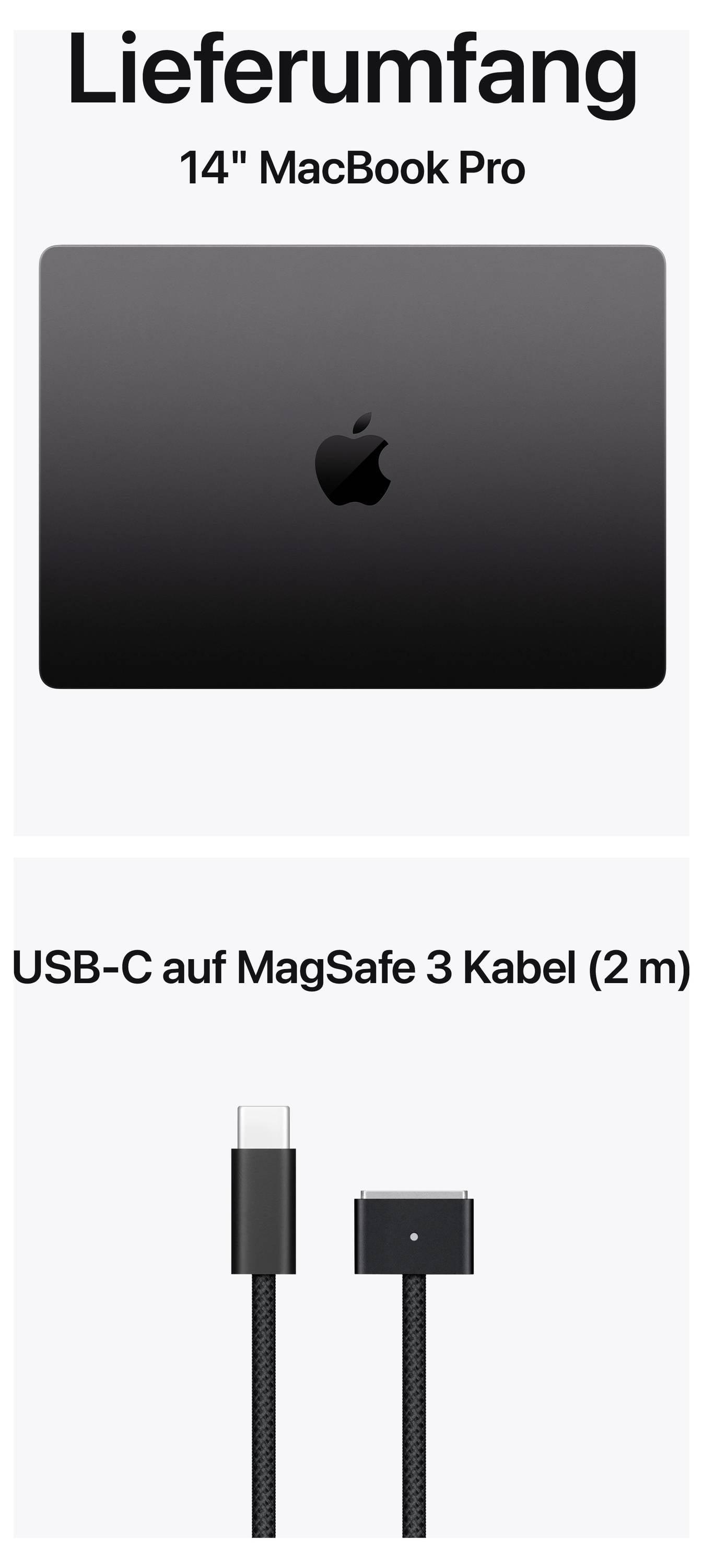 Lieferumfang: 14" MacBook Pro und USB-C-auf-MagSafe-3-Kabel (2 m) mit Kabelanschlüssen abgebildet.