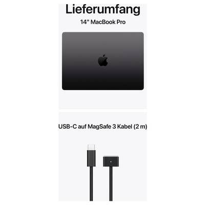 Lieferumfang: 14" MacBook Pro und USB-C-auf-MagSafe-3-Kabel (2 m) mit Kabelanschlüssen abgebildet.