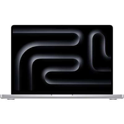 Ein eleganter Laptop, auf dem eine abstrakte dunkle Grafik mit geschwungenen Linien angezeigt wird, die ein modernes und futuristisches Aussehen schaffen.