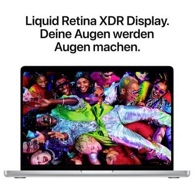 Werbeanzeige für MacBook Pro mit 'Liquid Retina XDR Display. Deine Augen werden Augen machen.' und farbintensiver Gruppe auf dem Bildschirm.