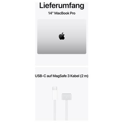 Lieferumfang des 14" MacBook Pro: MacBook Pro und USB-C auf MagSafe 3 Kabel (2 m) angezeigt.