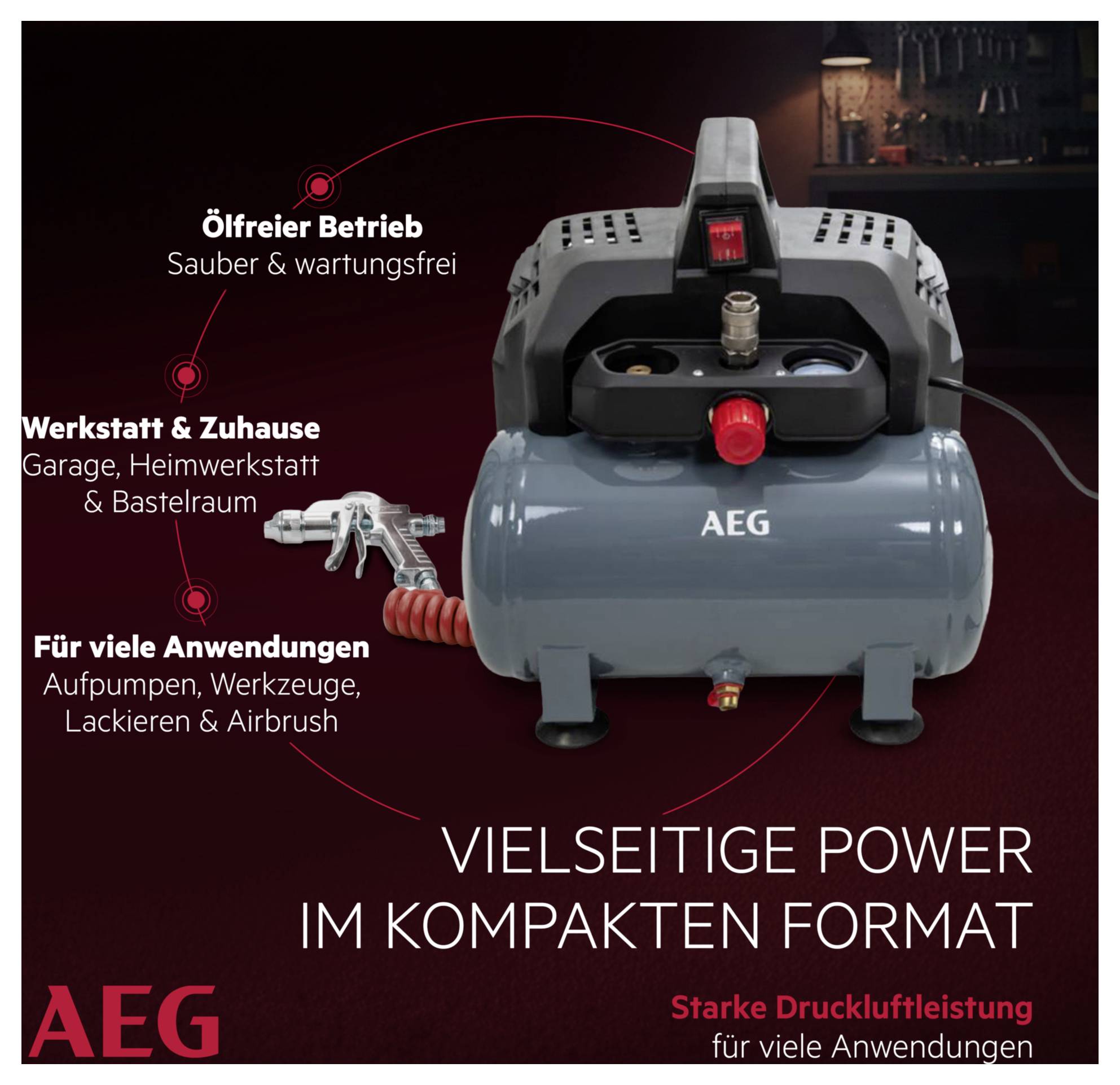 'Kompakter AEG-Kompressor für vielseitige Anwendungen, ölfreier Betrieb, ideal für Werkstatt und Zuhause. Hohe Druckleistung.'