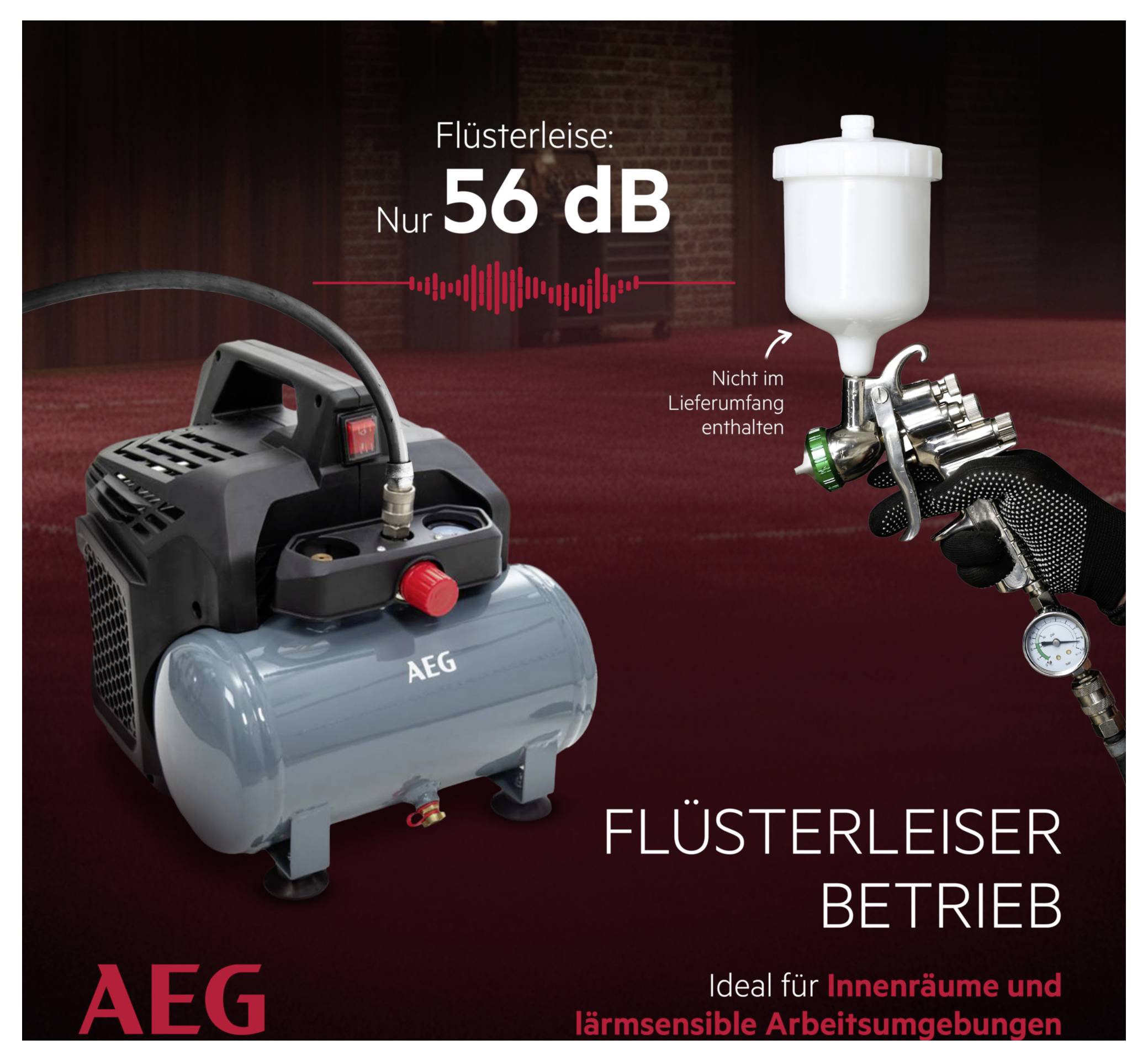 'AEG Kompressor mit flüsterleisem Betrieb von nur 56 dB. Nicht im Lieferumfang: Spritzpistole. Ideal für Innenräume und lärmempfindliche Arbeitsumgebungen.'