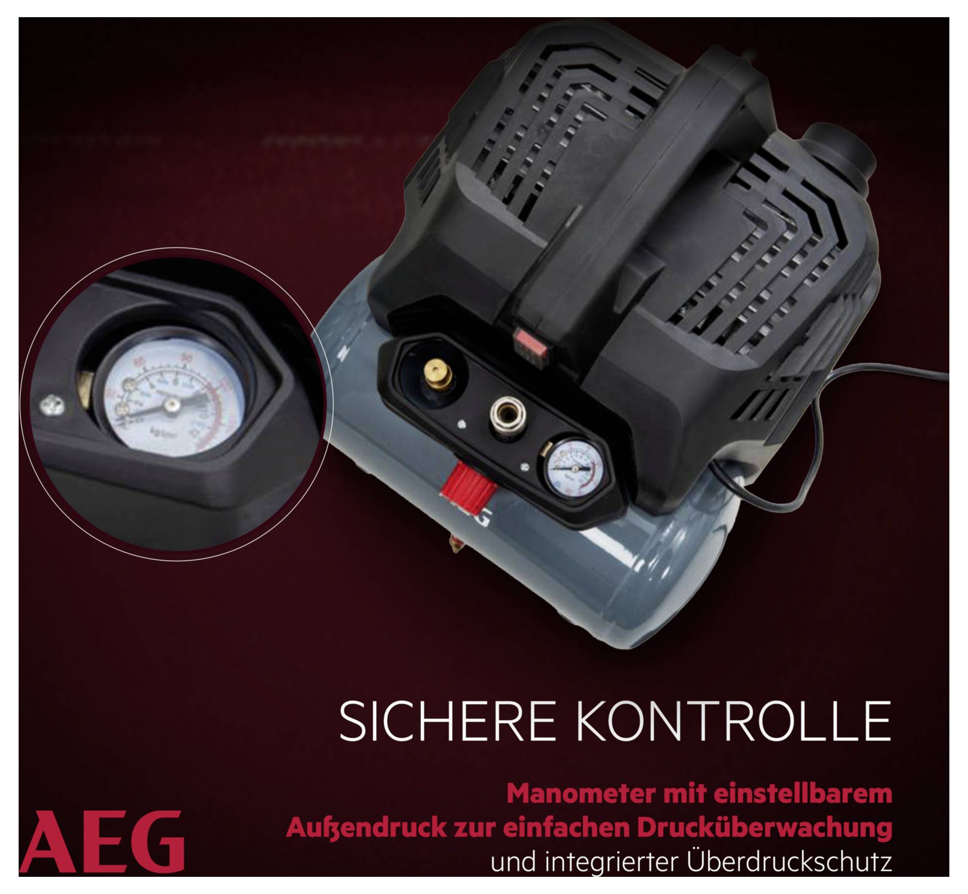 'Druckluftkompressor mit Manometer, roter Griff und schwarzem Schutz. Text: SICHERE KONTROLLE, beschreibt Drucküberwachung.'