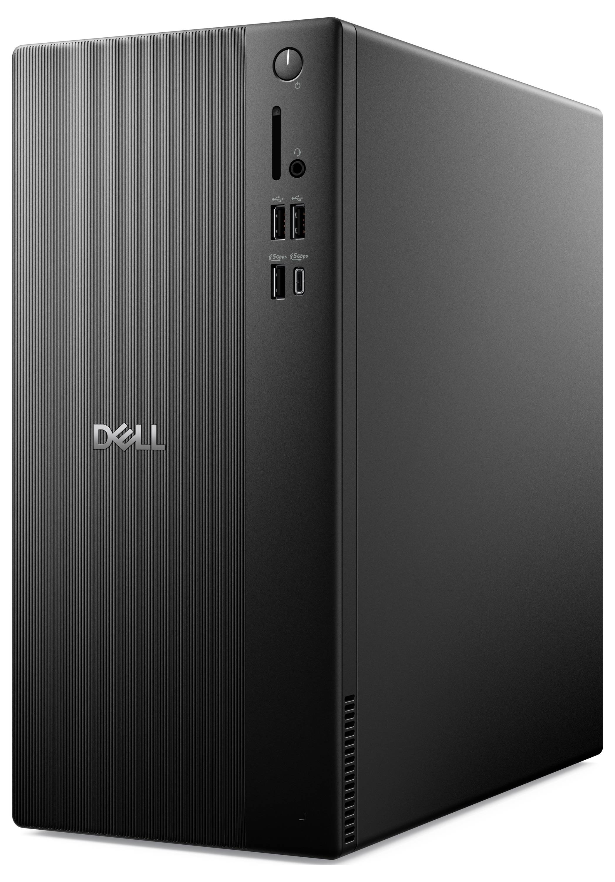 Ein eleganter schwarzer Dell-Desktop-Computer mit USB-Anschlüssen, einem Ein-/Ausschalter und einem DVD-Laufwerk auf der Frontplatte.