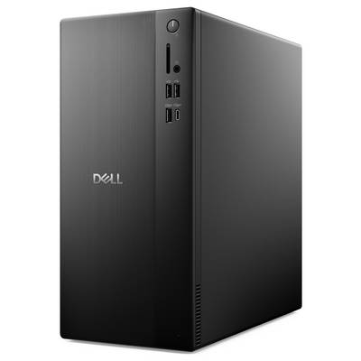 Ein eleganter schwarzer Dell-Desktop-Computer mit USB-Anschlüssen, einem Ein-/Ausschalter und einem DVD-Laufwerk auf der Frontplatte.