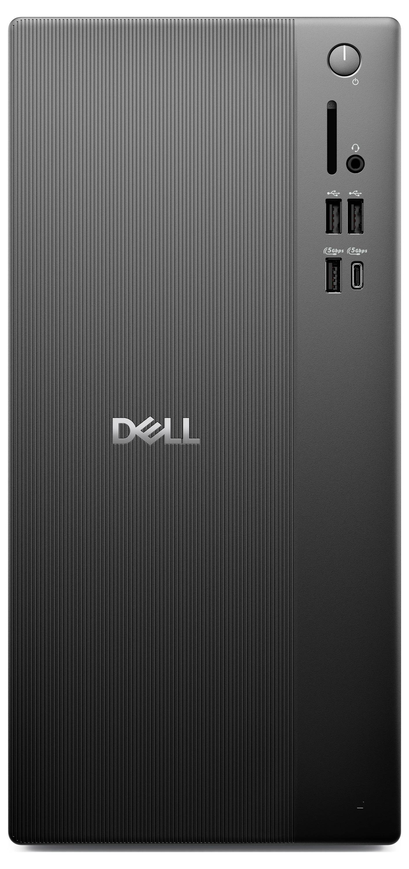 Ein schlankes, vertikales Desktop-Computer-Gehäuse in mattem Schwarz mit dem Dell-Logo in der Mitte, USB-Anschlüssen und einem Netzschalter auf der Frontblende.