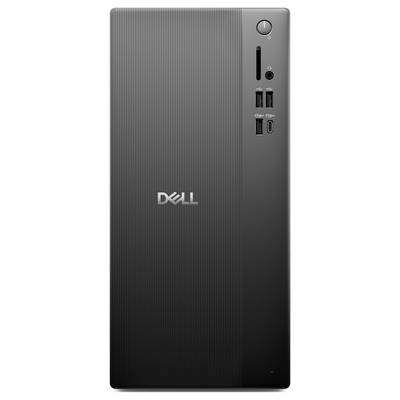 Ein schlankes, vertikales Desktop-Computer-Gehäuse in mattem Schwarz mit dem Dell-Logo in der Mitte, USB-Anschlüssen und einem Netzschalter auf der Frontblende.