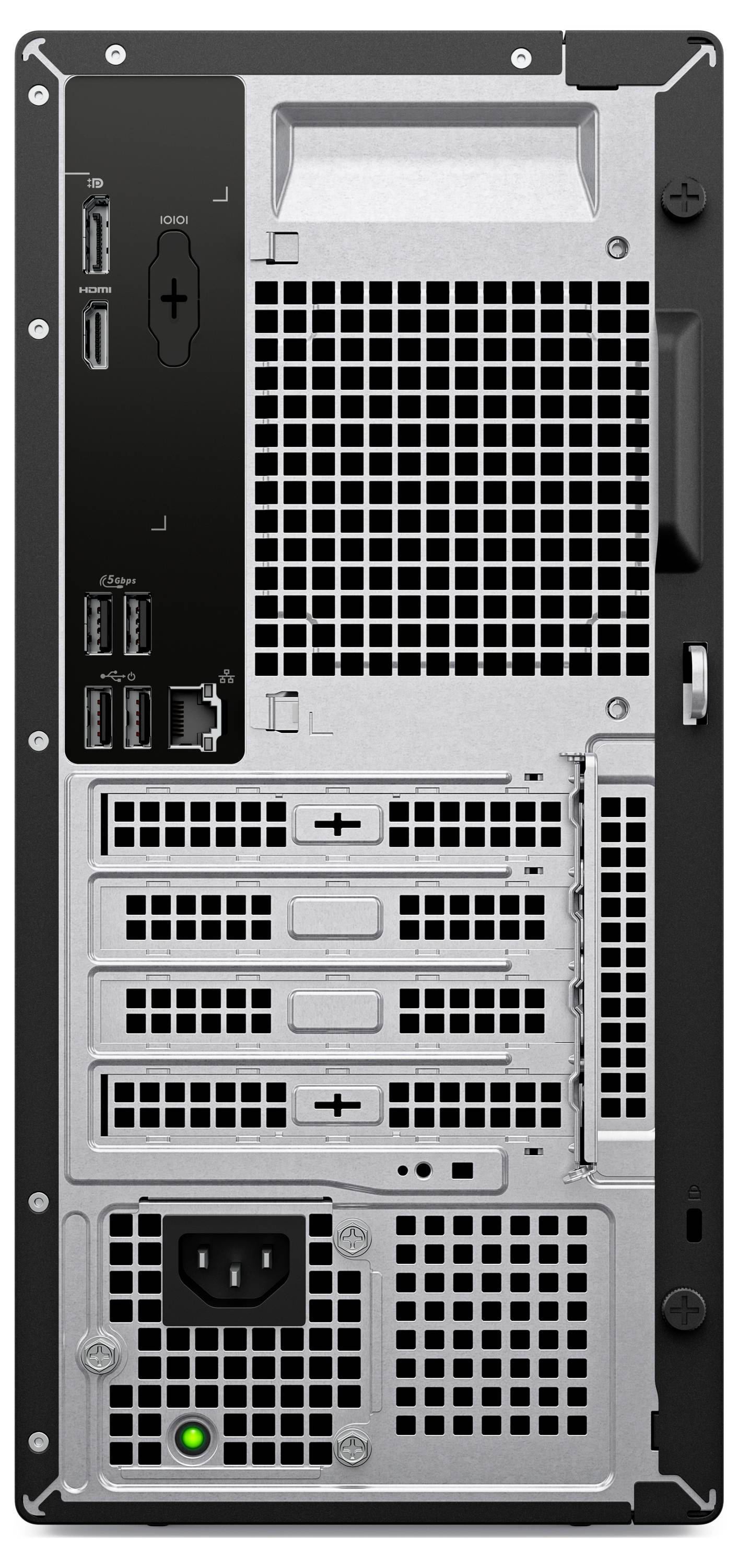 Die Rückseite eines Desktop-Computers mit mehreren USB-Anschlüssen, einem Ethernet-Anschluss, Erweiterungssteckplätzen und einem Stromstecker.