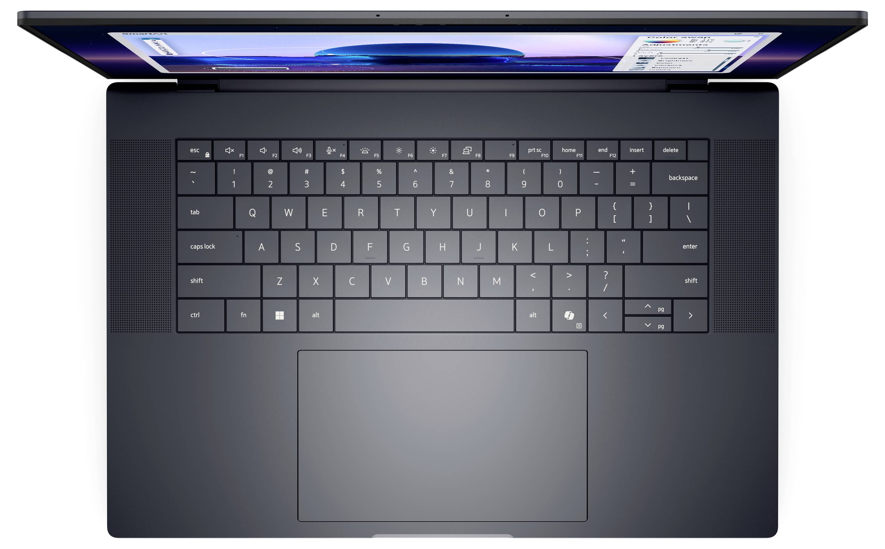 Ein moderner Laptop mit einem großen Touchpad und einer vollwertigen Tastatur mit einem offenen Bildschirm, auf dem eine Softwareanwendungsschnittstelle angezeigt wird.