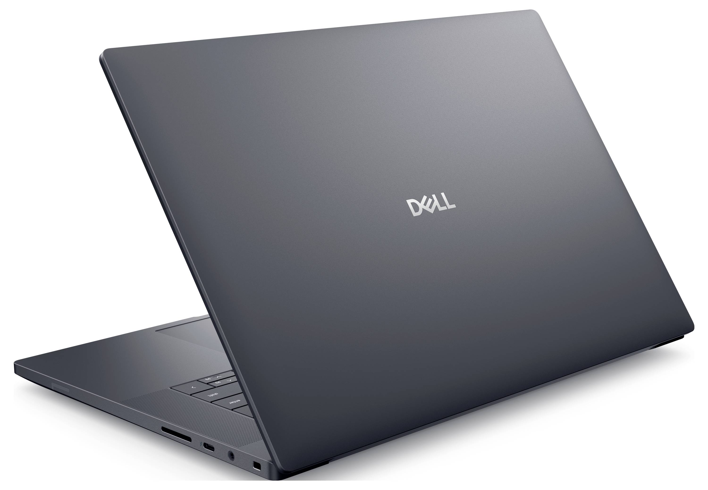 Ein dunkelgrauer Dell-Laptop ist geöffnet, von hinten und von der Seite betrachtet, und zeigt sein Logo. Der Laptop hat ein elegantes und modernes Design.