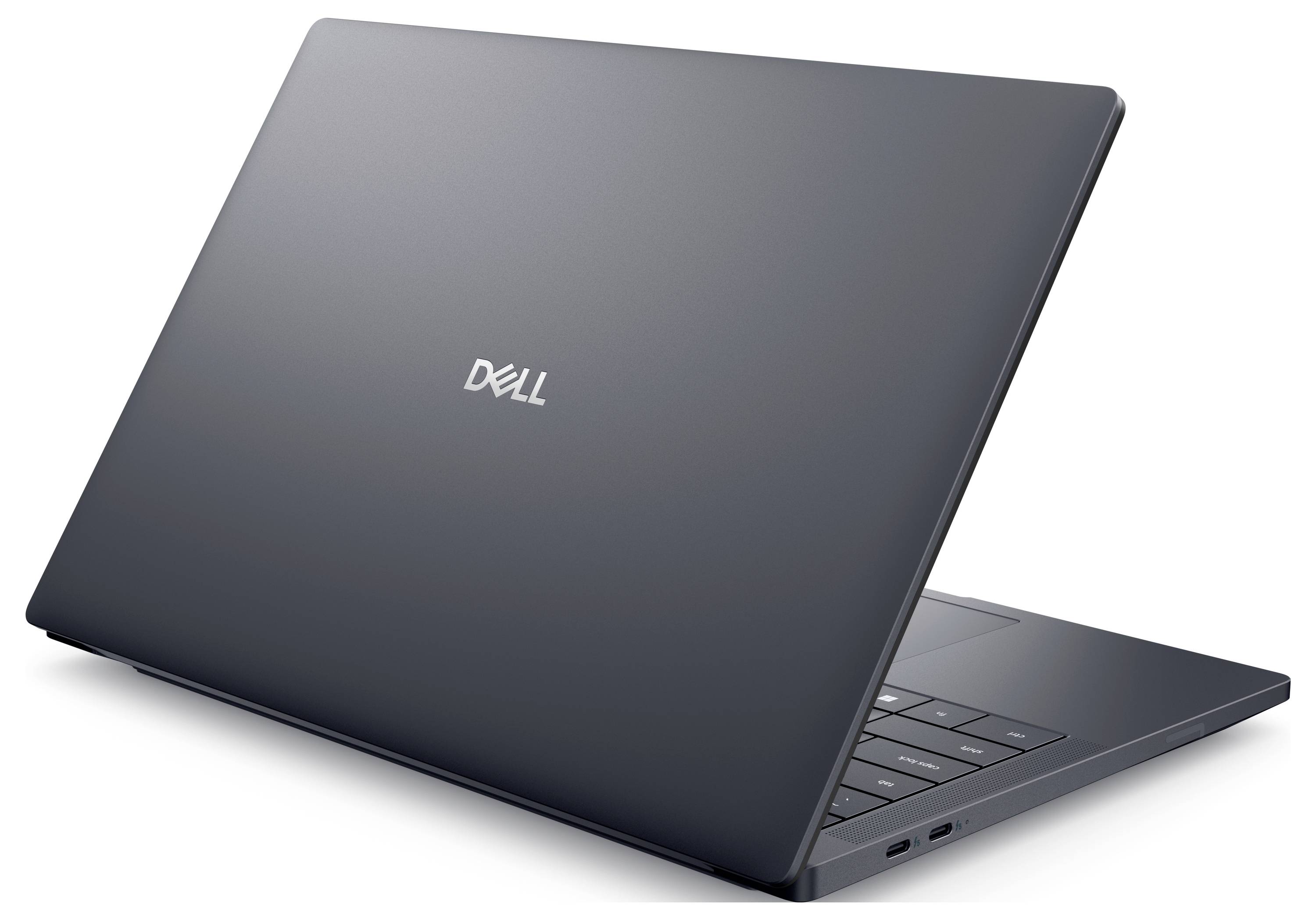 Das Bild zeigt einen eleganten, schwarzen Dell-Laptop, der teilweise geschlossen ist und das Logo auf dem Deckel sichtbar macht. Der Laptop ist auf einem weißen Hintergrund positioniert.