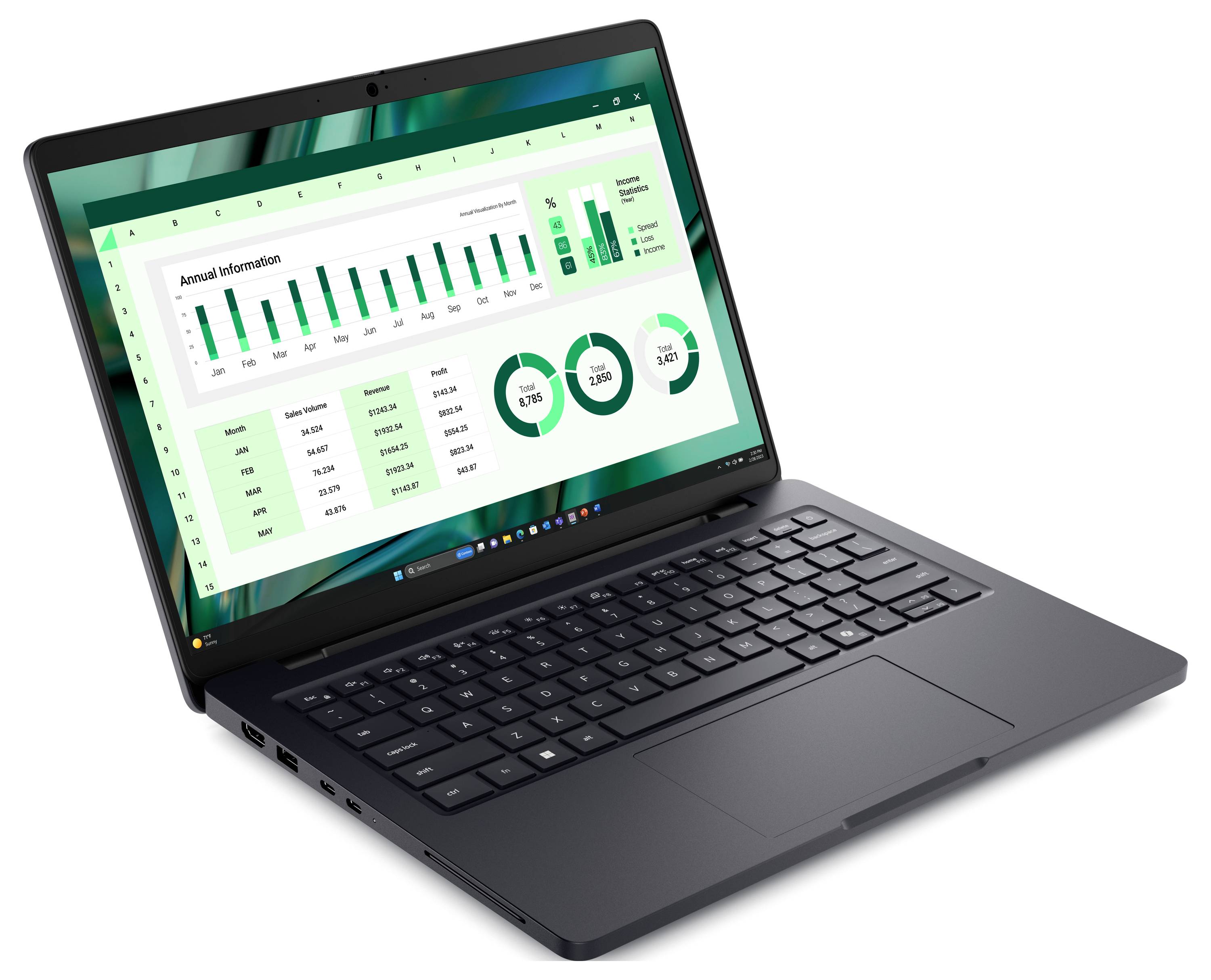 Ein Laptop, der eine Tabellenkalkulation mit grünen Diagrammen und Graphen mit der Bezeichnung „Annual Information" anzeigt, mit Balkendiagrammen und kreisförmigen Diagrammen mit Daten.